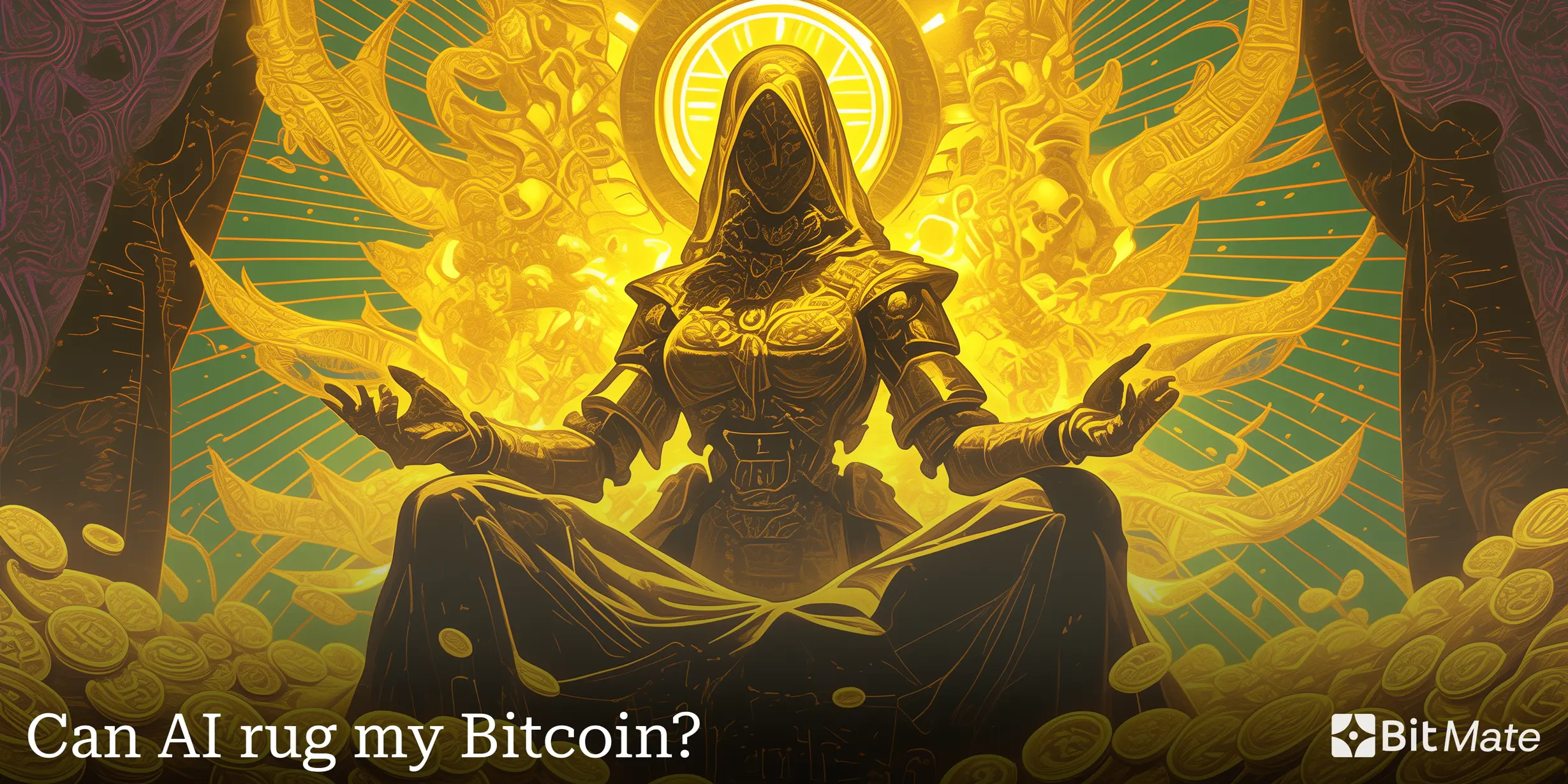 AI robot-like figure meditating, surrounded by glowing Bitcoin coins. Text reads 'Can AI rug my Bitcoin?' with BitMate logo